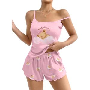 Ekouaer Womens Cami Pajama Sets 2 Piece Cute Print Pjs Soft Tank Top & Elastic Waist Shorts Camisole Lounge Set(Pink Teddy)