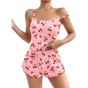 Ekouaer Womens Cami Pajama Sets 2 Piece Cute Print Pjs Soft Tank Top & Elastic Waist Shorts Camisole Lounge Set(Red Cherry)