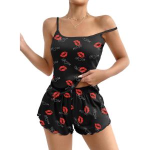 Ekouaer Womens Cami Pajama Sets 2 Piece Cute Print Pjs Soft Tank Top & Elastic Waist Shorts Camisole Lounge Set(Red Lip)