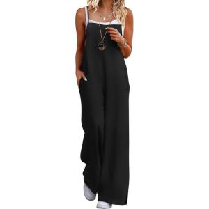 Ekouaer Womens Causal Sleeveless Jumpsuits Summer Boho Wide Leg Floral Rompers Overalls with Pockets(Black)