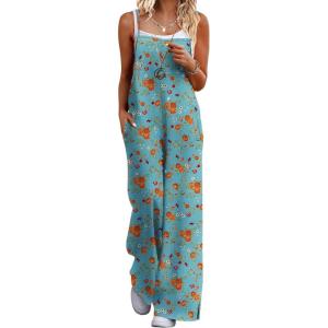 Ekouaer Womens Causal Sleeveless Jumpsuits Summer Boho Wide Leg Floral Rompers Overalls with Pockets(Blue Red Floral)