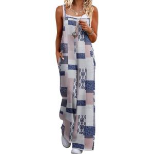 Ekouaer Womens Causal Sleeveless Jumpsuits Summer Boho Wide Leg Floral Rompers Overalls with Pockets(Grey Boho Print)