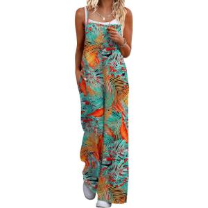 Ekouaer Womens Causal Sleeveless Jumpsuits Summer Boho Wide Leg Floral Rompers Overalls with Pockets(Plant Leaves Floral)