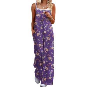 Ekouaer Womens Causal Sleeveless Jumpsuits Summer Boho Wide Leg Floral Rompers Overalls with Pockets(Purple Floral)