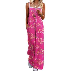 Ekouaer Womens Causal Sleeveless Jumpsuits Summer Boho Wide Leg Floral Rompers Overalls with Pockets(Rose Pink Floral)