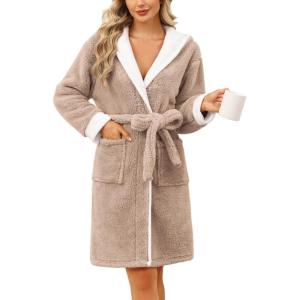 Ekouaer Womens Hooded Bathrobe Plush Short Robe Super Soft Fleece Robe Luxury Sleepwear with Pockets(B Khaki)