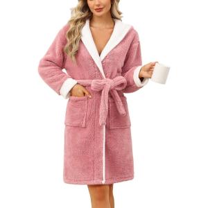 Ekouaer Womens Hooded Bathrobe Plush Short Robe Super Soft Fleece Robe Luxury Sleepwear with Pockets(B Rose Pink)