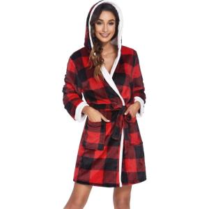 Ekouaer Womens Hooded Bathrobe Plush Short Robe Super Soft Fleece Robe Luxury Sleepwear with Pockets(Plaid Red)