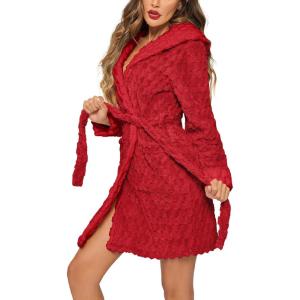 Ekouaer Womens Hooded Bathrobe Plush Short Robe Super Soft Fleece Robe Luxury Sleepwear with Pockets(Red-jacquard)