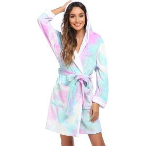 Ekouaer Womens Hooded Bathrobe Plush Short Robe Super Soft Fleece Robe Luxury Sleepwear with Pockets(Z Purple Tie Dye)