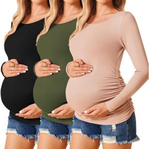 Ekouaer Womens Maternity Shirts Long Sleeve 3 Packs Pregnancy Tee Top Tunic Blouse Casual Mama Clothes S-XXL(3pcs Black / Army Green / Dirty Pink)