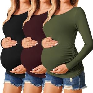 Ekouaer Womens Maternity Shirts Long Sleeve 3 Packs Pregnancy Tee Top Tunic Blouse Casual Mama Clothes S-XXL(3pcs Black / Burgundy Red / Army Green)