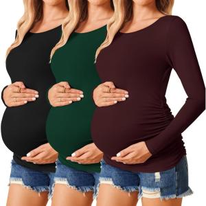 Ekouaer Womens Maternity Shirts Long Sleeve 3 Packs Pregnancy Tee Top Tunic Blouse Casual Mama Clothes S-XXL(3pcs Black / Burgundy Red / Green)