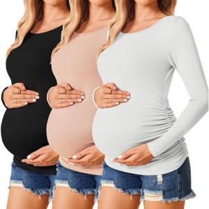 Ekouaer Womens Maternity Shirts Long Sleeve 3 Packs Pregnancy Tee Top Tunic Blouse Casual Mama Clothes S-XXL(3pcs Black / White / Dirty Pink)