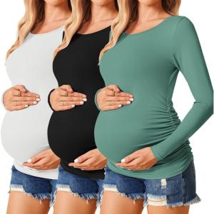 Ekouaer Womens Maternity Shirts Long Sleeve 3 Packs Pregnancy Tee Top Tunic Blouse Casual Mama Clothes S-XXL(3pcs Black / White / Sage Green)