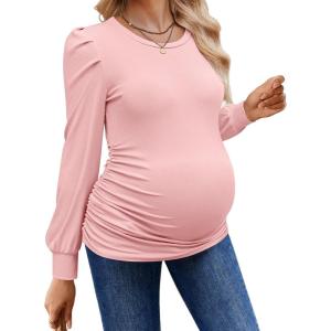 Ekouaer Women’s Maternity Shirts Long Sleeve Pregnancy Tops Basic Ribbed Knit Pregnant Blouses(Pink)