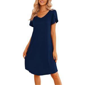 Ekouaer Womens Nightgown Short Sleeves Sleepwear V Neck Nightgowns for Women Petal Sleeves Houses Dress Sleepshirt S-XXL(Navy Blue)