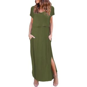 Ekouaer Women’s Nursing Dress Summer V Neck Short Sleeve Maternity Split Long Dresses for Breastfeeding with Pockets S-XXL(Army Green)