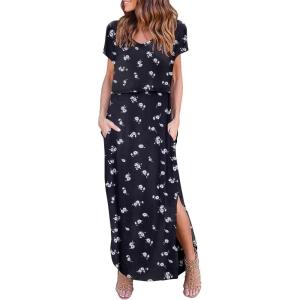 Ekouaer Women’s Nursing Dress Summer V Neck Short Sleeve Maternity Split Long Dresses for Breastfeeding with Pockets S-XXL(Black-floral-white)