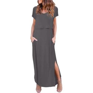 Ekouaer Women’s Nursing Dress Summer V Neck Short Sleeve Maternity Split Long Dresses for Breastfeeding with Pockets S-XXL(Dark Grey)