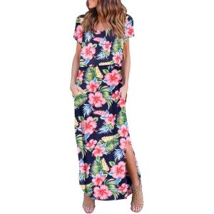 Ekouaer Women’s Nursing Dress Summer V Neck Short Sleeve Maternity Split Long Dresses for Breastfeeding with Pockets S-XXL(Green-floral)