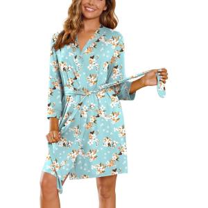 Ekouaer Women‘s Robes Lightweight 3/4 Sleeve Short Knit Bathrobe Soft Knee Length Sleepwear Robes with Pockets S-XXL(Green Flowers)