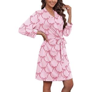 Ekouaer Women‘s Robes Lightweight 3/4 Sleeve Short Knit Bathrobe Soft Knee Length Sleepwear Robes with Pockets S-XXL(Pink Bow)