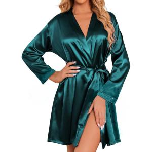 Ekouaer Women’s Satin Robe Short Bridesmaid Bride Feather Bridal Robe Kimono Silky Long Sleeve Bathrobe S-XXL(Dark Green)