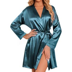 Ekouaer Women’s Satin Robe Short Bridesmaid Bride Feather Bridal Robe Kimono Silky Long Sleeve Bathrobe S-XXL(Lake Green)