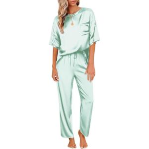 Ekouaer Womens Satin Silky Pajama Set Short Sleeve Shirt with Long Pajama Pant Set Soft PJ Loungewear(Aqua Green)