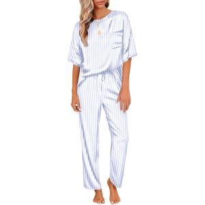 Ekouaer Womens Satin Silky Pajama Set Short Sleeve Shirt with Long Pajama Pant Set Soft PJ Loungewear(Blue Stripes)