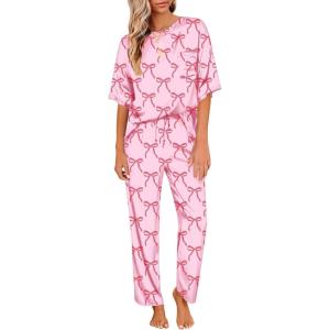 Ekouaer Womens Satin Silky Pajama Set Short Sleeve Shirt with Long Pajama Pant Set Soft PJ Loungewear(Bow)