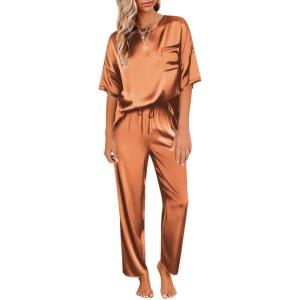 Ekouaer Womens Satin Silky Pajama Set Short Sleeve Shirt with Long Pajama Pant Set Soft PJ Loungewear(Caramel)
