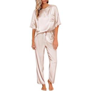 Ekouaer Womens Satin Silky Pajama Set Short Sleeve Shirt with Long Pajama Pant Set Soft PJ Loungewear(Champagne)