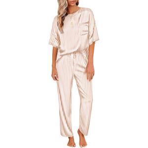 Ekouaer Womens Satin Silky Pajama Set Short Sleeve Shirt with Long Pajama Pant Set Soft PJ Loungewear(Champagne Striped)