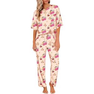 Ekouaer Womens Satin Silky Pajama Set Short Sleeve Shirt with Long Pajama Pant Set Soft PJ Loungewear(Cherry Teddy)