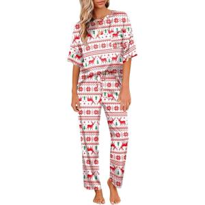 Ekouaer Womens Satin Silky Pajama Set Short Sleeve Shirt with Long Pajama Pant Set Soft PJ Loungewear(Christmas)