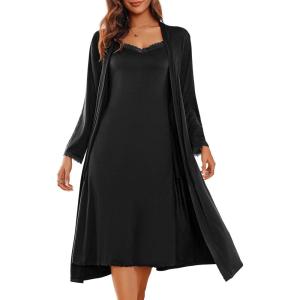 Ekouaer Women’s Sexy Nightgown with Robes Set 2 Piece Lace Full Length Knit Soft Nightwear Lightweight Bathrobes S-XXL(Black)