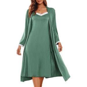 Ekouaer Women’s Sexy Nightgown with Robes Set 2 Piece Lace Full Length Knit Soft Nightwear Lightweight Bathrobes S-XXL(Celadon Green)
