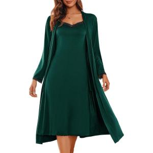 Ekouaer Women’s Sexy Nightgown with Robes Set 2 Piece Lace Full Length Knit Soft Nightwear Lightweight Bathrobes S-XXL(Dark Green)