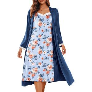 Ekouaer Women’s Sexy Nightgown with Robes Set 2 Piece Lace Full Length Knit Soft Nightwear Lightweight Bathrobes S-XXL(Floral Blue)