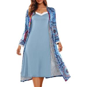 Ekouaer Women’s Sexy Nightgown with Robes Set 2 Piece Lace Full Length Knit Soft Nightwear Lightweight Bathrobes S-XXL(Floral Mix Blue)