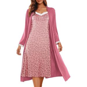 Ekouaer Women’s Sexy Nightgown with Robes Set 2 Piece Lace Full Length Knit Soft Nightwear Lightweight Bathrobes S-XXL(Leopard Pink)
