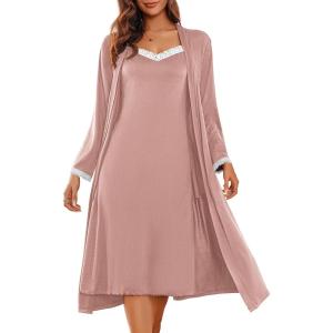 Ekouaer Women’s Sexy Nightgown with Robes Set 2 Piece Lace Full Length Knit Soft Nightwear Lightweight Bathrobes S-XXL(Misty Rose)