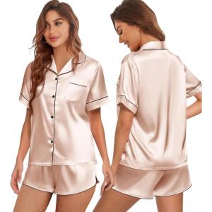 Ekouaer Womens Silk Satin Pajamas Set Short Sleeve Sleepwear Button Down Top and Shorts Loungewear 2 Piece Pjs Set S-XXL(Champagne)