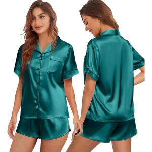 Ekouaer Womens Silk Satin Pajamas Set Short Sleeve Sleepwear Button Down Top and Shorts Loungewear 2 Piece Pjs Set S-XXL(Dark Green)
