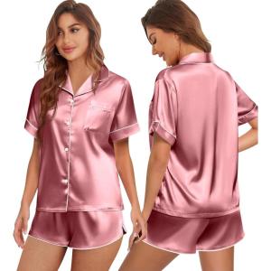 Ekouaer Womens Silk Satin Pajamas Set Short Sleeve Sleepwear Button Down Top and Shorts Loungewear 2 Piece Pjs Set S-XXL(Dusty Rose)