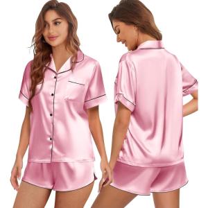 Ekouaer Womens Silk Satin Pajamas Set Short Sleeve Sleepwear Button Down Top and Shorts Loungewear 2 Piece Pjs Set S-XXL(Light Pink)