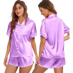 Ekouaer Womens Silk Satin Pajamas Set Short Sleeve Sleepwear Button Down Top and Shorts Loungewear 2 Piece Pjs Set S-XXL(Lilac)