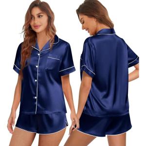 Ekouaer Womens Silk Satin Pajamas Set Short Sleeve Sleepwear Button Down Top and Shorts Loungewear 2 Piece Pjs Set S-XXL(Navy Blue)